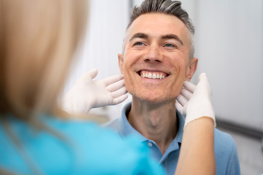 A imagem mostra alguém com uma dentadura
